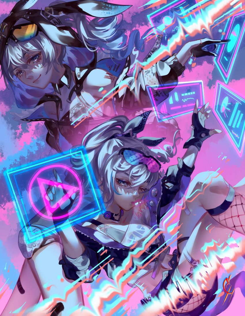 2girls animal_ears animal_hood bare_shoulders black_gloves black_jacket blowing_bubble_gum blowing_bubbles bronya_zaychik bronya_zaychik_(haxxor_bunny) chewing_gum choker coconuthound crop_top eyewear_on_head fake_animal_ears fingerless_gloves fishnet_socks fishnets gloves goggles goggles_on_head grey_hair hands_up highres holographic_interface honkai:_star_rail honkai_(series) honkai_impact_3rd hood jacket knee_pads long_hair long_sleeves multiple_girls ponytail purple_eyes rabbit_hood shirt short_shorts shorts silver_wolf_(honkai:_star_rail) socks thigh_strap trait_connection white_shirt