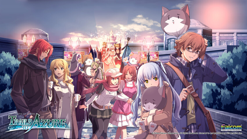 5boys 6+girls ^_^ absurdres alternate_costume amusement_park animal_ears ao_no_kiseki arios_maclaine bag balloon banner beard belt bespectacled black_dress black_jacket black_pantyhose black_scarf black_shirt black_skirt blonde_hair blue_coat blue_hair blue_shirt blush boots breasts brown_belt brown_coat brown_eyes brown_footwear brown_hair brown_pants newsboy_cap cape carrying castle cat_ears character_balloon closed_eyes cloud cloudy_sky coat collared_shirt copyright_name covered_mouth crossed_arms crown cup dieter_crois dress dress_shirt drill_hair eiyuu_densetsu elie_macdowell facial_hair fake_animal_ears feet_out_of_frame fireworks fran_seeker fur-trimmed_boots fur-trimmed_cape fur-trimmed_coat fur_trim glasses glint goatee green_coat grey_hair grey_vest hand_on_own_head handbag hat highres holding holding_balloon holding_cup holding_hands holding_staff holding_stuffed_toy hood hood_up hooded_coat hooded_vest hoodie hugging_object jacket jewelry kea_(eiyuu_densetsu) lamppost light_blue_hair light_green_hair lloyd_bannings locked_arms logo long_hair long_sleeves looking_at_viewer looking_to_the_side mariabell_crois mascot medium_breasts miniskirt mireille_(eiyuu_densetsu) mishette mishy multiple_boys multiple_girls necklace necktie night noel_seeker official_art official_wallpaper one_eye_closed open_clothes open_coat open_jacket open_mouth outdoors pants pantyhose parted_bangs parted_lips piggyback pinafore_dress pink_dress pink_scarf plaid_clothes plaid_shirt pleated_skirt ponytail profile purple_eyes randolph_orlando red_cape red_coat red_hair red_necktie scarf semi-rimless_eyewear sergei_lou shirt shirt_tucked_in shizuku_maclaine short_hair shoulder_bag sidelocks skirt skirt_hold sky sleeveless sleeveless_dress smile spotlight staff standing striped_clothes striped_shirt stuffed_animal stuffed_toy sweater thighhighs tiara tio_plato turtleneck turtleneck_sweater twin_drills two_side_up vertical-striped_clothes vertical-striped_shirt vest watermark waving white_dress white_headwear white_shirt white_skirt white_sweater white_vest wing_collar yellow_eyes yellow_vest