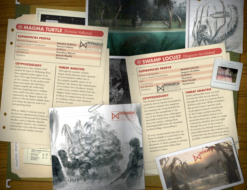 army boat camouflage character_profile concept_art conspiracy desk diagram document folder giant giant_monster gun helmet highres island kaiju king_kong_(series) kong:_skull_island legendary_pictures long_gun magma_turtle map military military_uniform monarch_(monsterverse) monster monsterverse nature official_art plant promotional_art report science sketch skull_island skull_island:_the_birth_of_kong soldier stamp swamp_locust tactical_clothes tree united_states_army viral_marketing war water watercraft weapon