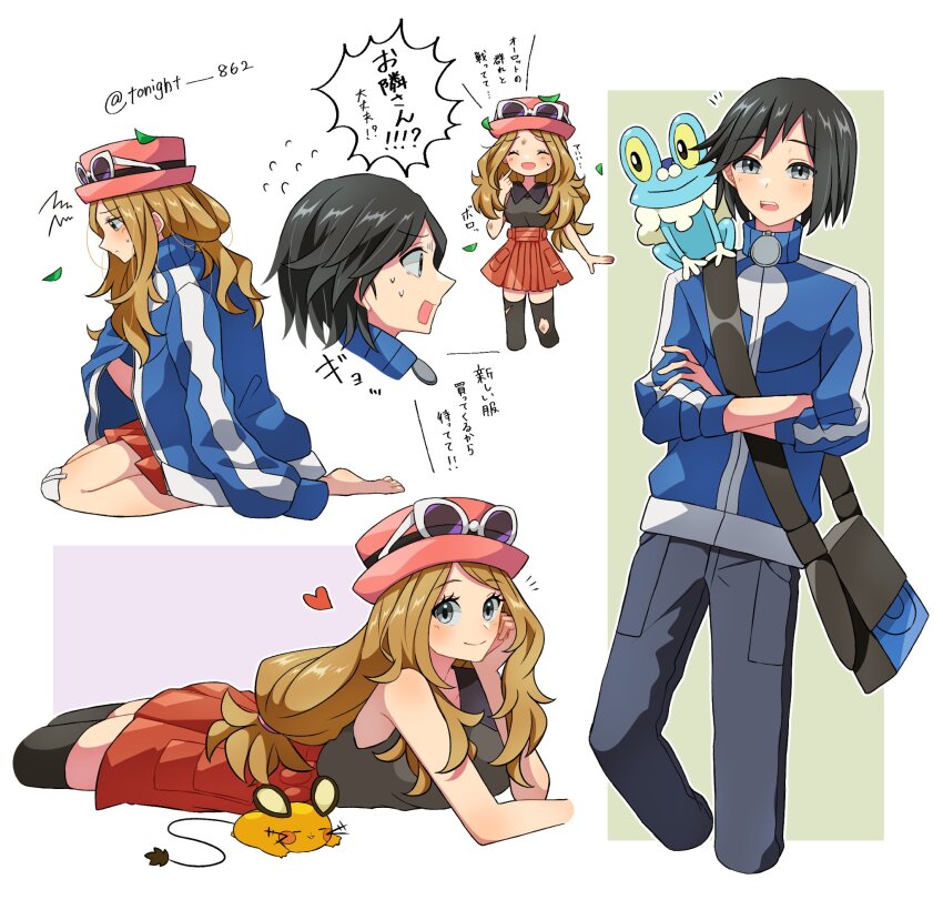 1boy 1girl black_hair black_thighhighs blonde_hair blue_eyes blue_jacket blush breasts calem_(pokemon) closed_mouth creatures_(company) dedenne eyelashes eyewear_on_headwear froakie game_freak gen_6_pokemon grey_eyes hat highres jacket long_hair long_sleeves nintendo open_mouth pants pink_hat pokemon pokemon_(creature) pokemon_xy rain_(tonight_862) red_hat red_skirt serena_(pokemon) shirt short_hair skirt sleeveless sleeveless_shirt smile sunglasses thighhighs white-framed_eyewear