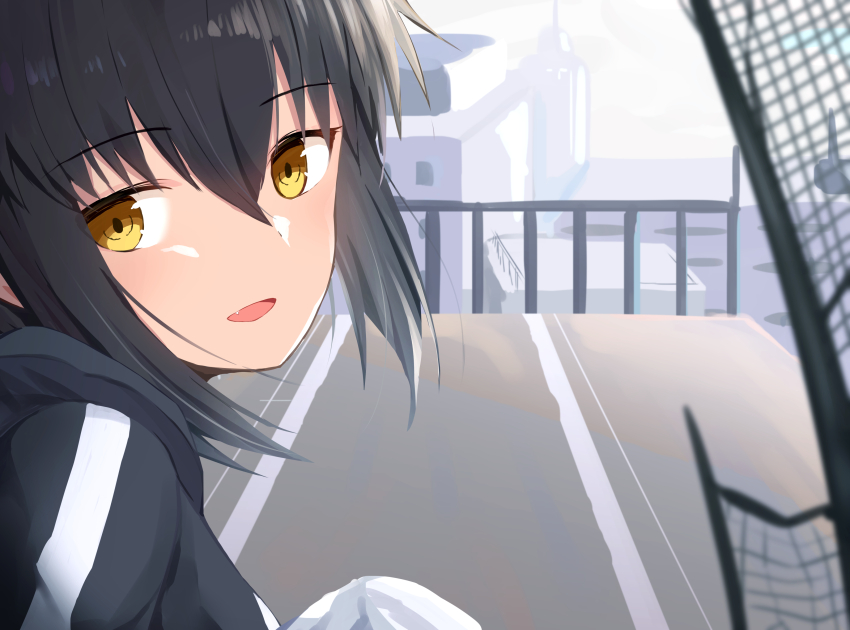 1girl absurdres black_hair building city highres kure_kirika looking_at_viewer mahou_shoujo_madoka_magica mahou_shoujo_oriko_magica medium_hair no_eyepatch on_rooftop open_mouth orange_eyes railing solo suzugahama third-party_source