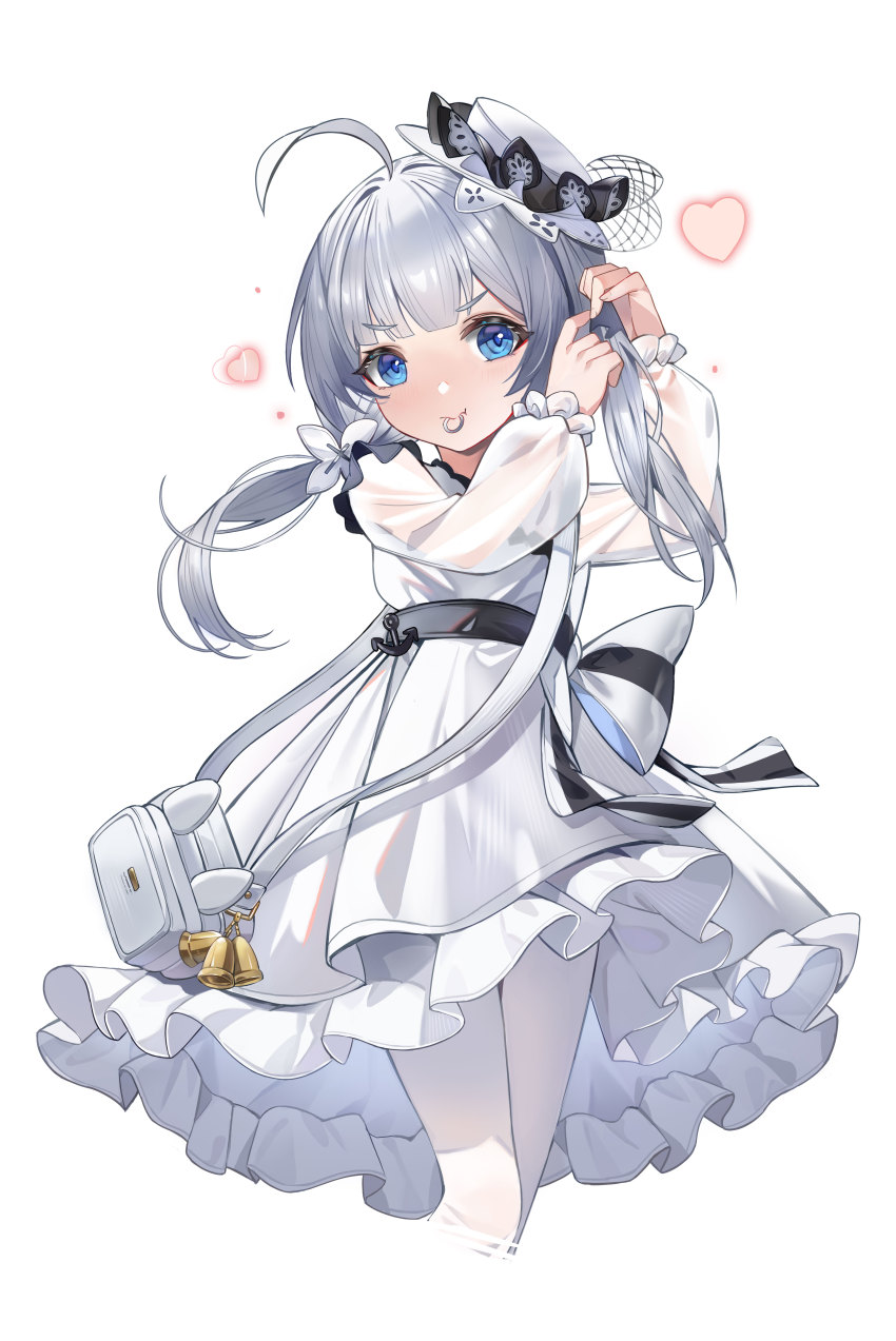 1girl absurdres adjusting_hair ahoge azur_lane bag bell blue_eyes blunt_bangs commentary_request dress frilled_dress frills grey_hair hair_between_eyes handbag hat heart highres little_illustrious_(azur_lane) long_hair long_sleeves looking_at_viewer mini_hat mouth_hold pantyhose see-through_clothes see-through_sleeves sidelocks simple_background solo starzexingze tri_tails white_background white_dress white_pantyhose