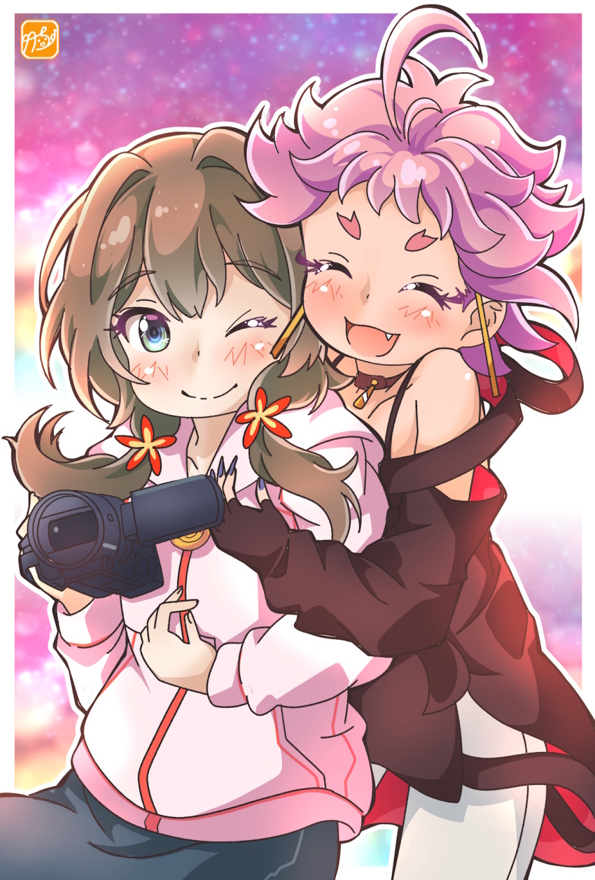 2girls :d ;) ahoge black_choker blush camcorder camera choker fangs grey_nails highres holding holding_camera hood hoodie hug live_(mayonaka_punch) masaki_(mayonaka_punch) mayonaka_punch multiple_girls one_eye_closed open_mouth pink_hair smile takecho vampire video_camera yuri