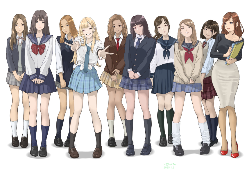 6+girls absurdres ankle_socks artist_name bead_bracelet beads black_eyes black_footwear black_hair black_neckerchief black_shirt black_socks black_sweater_vest blazer blonde_hair blue_bow blue_bowtie blue_eyes blue_jacket blue_necktie blue_sailor_collar blue_skirt blue_socks bow bowtie bracelet brown_eyes brown_footwear brown_hair brown_jacket brown_skirt brown_sweater brown_sweater_vest closed_mouth collared_shirt commentary_request commission dated double_v earrings fingernails folder full_body grey_skirt grey_sweater grin gyaru high_heels highres holding holding_folder jacket jewelry loafers long_fingernails long_hair long_sleeves looking_at_viewer loose_socks multiple_girls nail_polish neck_ribbon neckerchief necktie original own_hands_together parted_lips pencil_skirt pixiv_commission plaid_clothes plaid_skirt pleated_skirt ponytail pumps red_bow red_bowtie red_eyes red_footwear red_nails red_neckerchief red_necktie red_skirt ribbon sailor_collar school_uniform serafuku shirt shoes simple_background skirt smile socks sweater sweater_vest v white_background white_shirt white_socks y.kami_nao/take yellow_skirt