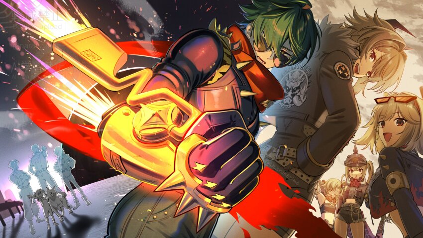 3boys 6+girls animal blonde_hair breasts burnice_white caesar_king_(zenless_zone_zero) clenched_hand commentary_request crop_top cropped_jacket dog eyewear_on_head faceless faceless_female faceless_male fire green_hair grey_hair helmet highres jacket lighter_(zenless_zone_zero) luciana_de_montefio male_focus multiple_boys multiple_girls narahazime one_eye_closed open_mouth pants piper_wheel red_scarf scarf short_shorts shorts side_ponytail skirt solo_focus spiked_jacket sunglasses twitter_username zenless_zone_zero