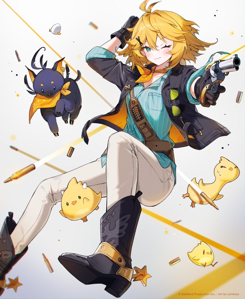 1girl ahoge aiming animal aqua_shirt artist_name belt black_boots black_gloves black_jacket blonde_hair blue_eyes boots cartridge closed_mouth commentary copyright_notice doki_amber_doge_(dokibird) dokibird_(vtuber) dokibird_(vtuber)_(bounty_hunter) dragoon_(dokibird) english_commentary eyewear_hang feet_out_of_frame gloves gun hair_ornament hairclip handgun highres holding holding_weapon indie_virtual_youtuber jacket medium_hair neckerchief official_art one_eye_closed open_clothes open_jacket orange_neckerchief pants revolver shell_casing shirt solo spurs sunglasses untucked_shirt unworn_eyewear virtual_youtuber weapon white_background white_pants yenkoes