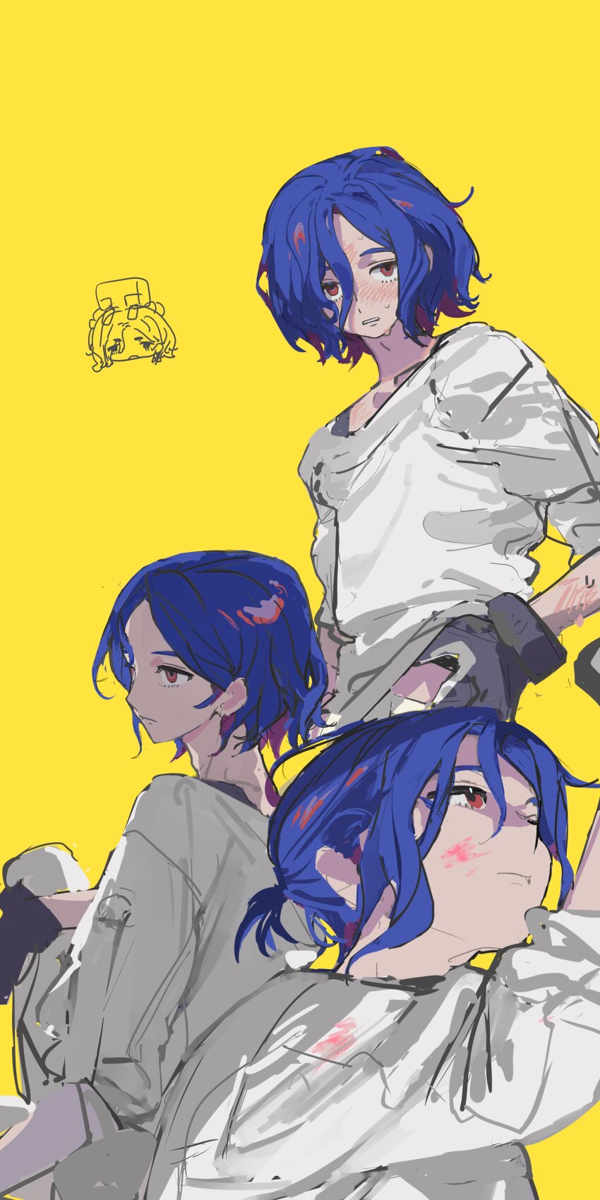 1boy absurdres blue_hair colored_inner_hair doodle_inset gloves gundam gundam_gquuuuuux highres krymrin looking_at_viewer lower_eyelashes_only male_focus multicolored_hair multiple_views paint_splatter paint_splatter_on_face ponytail purple_hair red_eyes shirt short_hair shuji_ito simple_background solo sweatdrop two-tone_hair white_shirt yellow_background