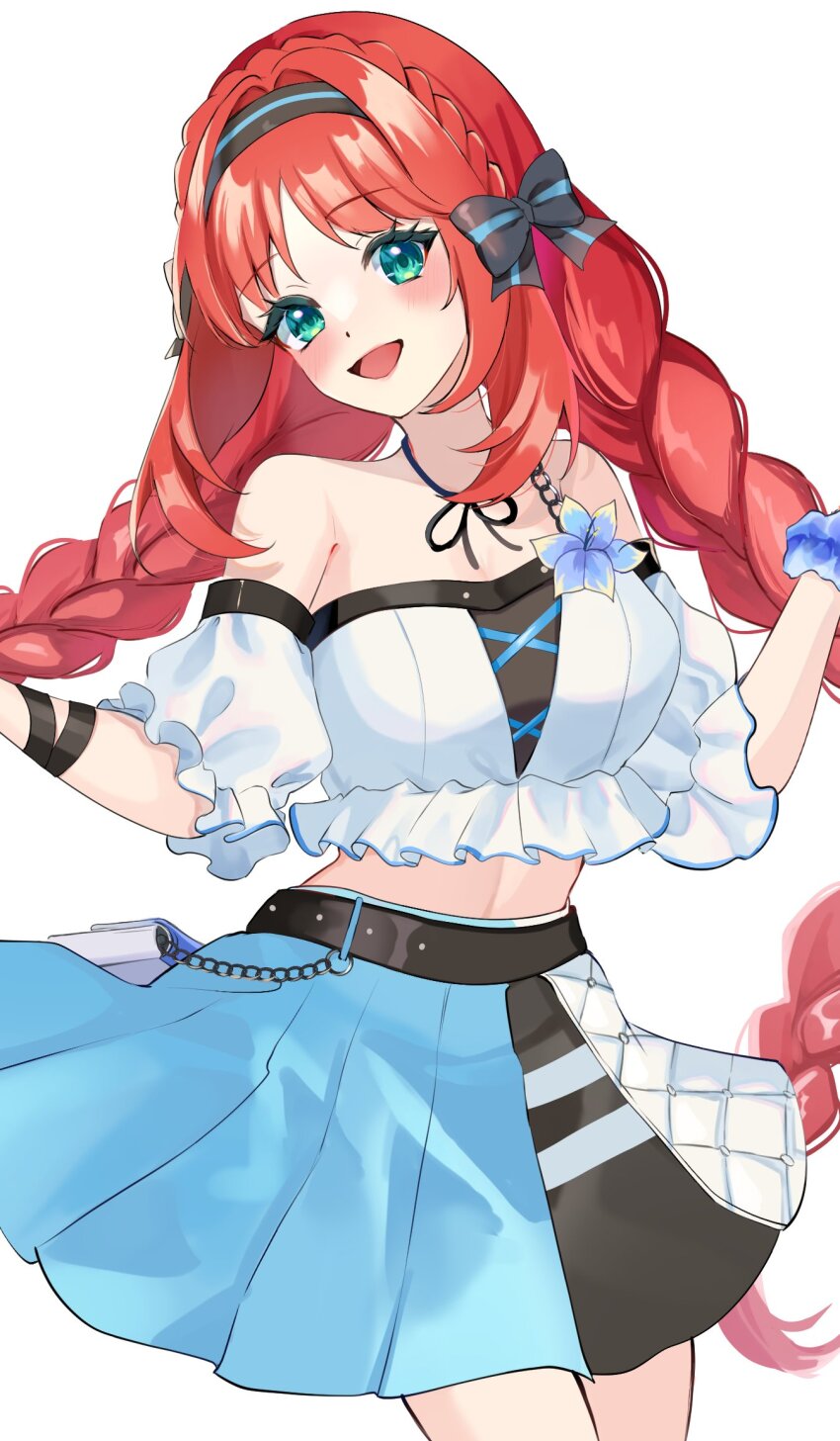1girl alternate_costume aqua_eyes black_bow black_choker black_hairband blue_skirt blush bow braid breasts choker crop_top genshin_impact hair_between_eyes hair_bow hairband highres long_hair looking_at_viewer marufus medium_breasts midriff nilou_(genshin_impact) red_hair shirt skirt smile solo twin_braids very_long_hair white_background white_shirt white_sleeves