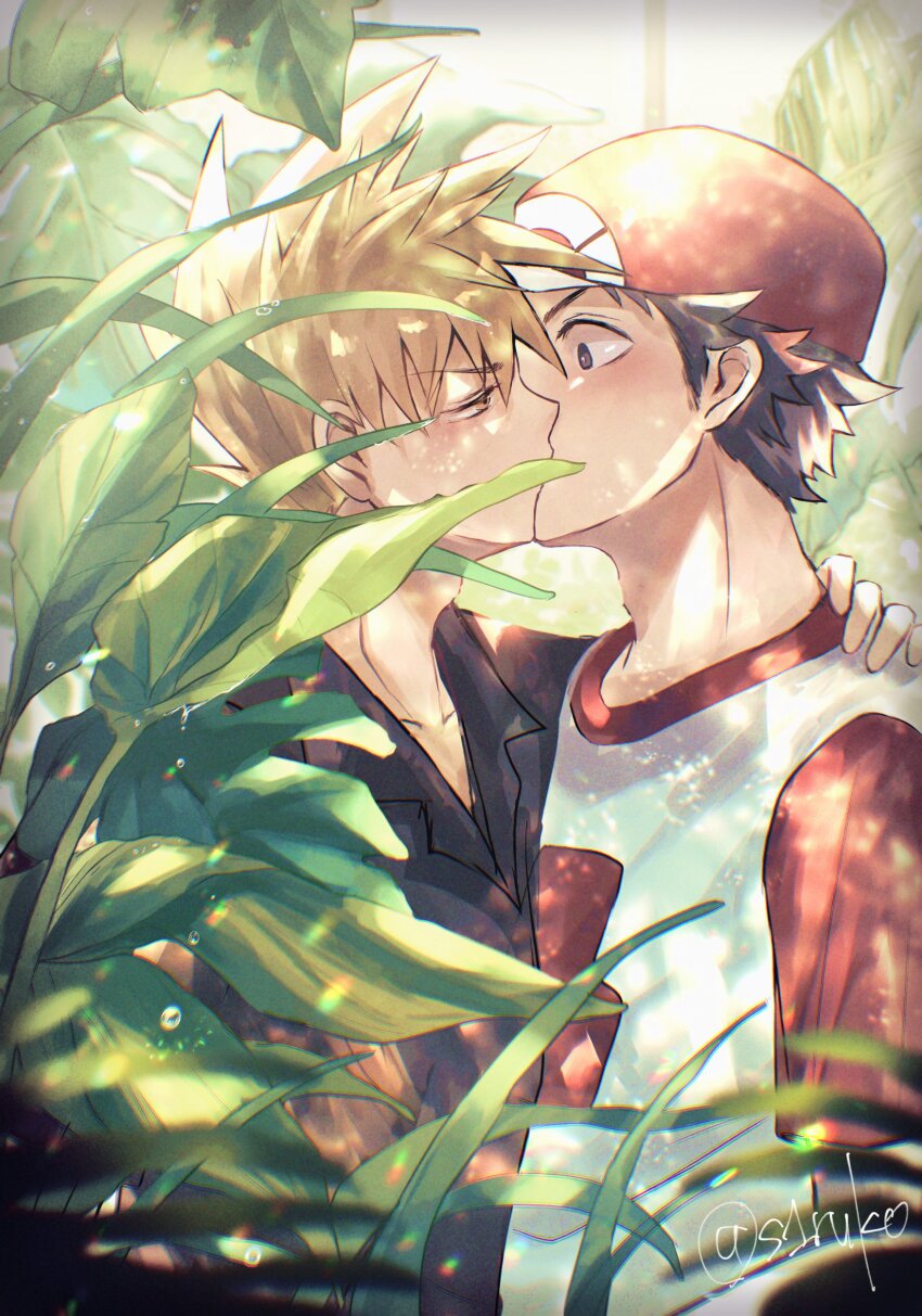 2boys absurdres black_shirt blue_oak bright_pupils brown_hair collarbone collared_shirt day from_side hand_on_another&#039;s_neck hat highres male_focus mixed-language_commentary multiple_boys nintendo outdoors pokemon pokemon_sm red_(pokemon) red_hat shirt shiruko_(s1ruko) short_hair short_sleeves spiked_hair t-shirt twitter_username upper_body yaoi