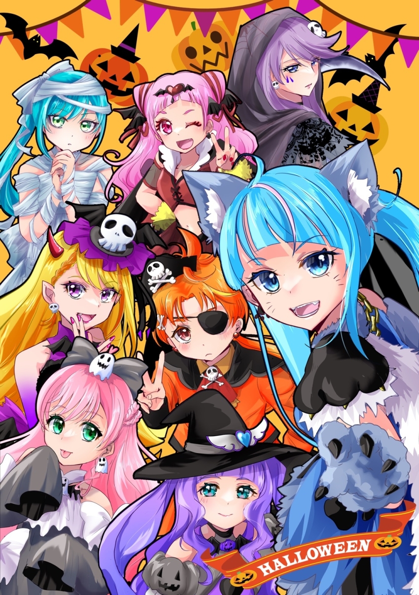 1boy 6+girls :p animal_ears animal_hands aqua_eyes bandaged_head bandages bat_(animal) black_cloak blue_eyes blue_hair blue_shirt bow braid braided_bangs chain cloak closed_mouth clothing_cutout commentary cone_hair_bun cropped_shirt cure_butterfly cure_majesty cure_moonlight cure_prism cure_sky cure_spicy cure_wing cure_yell cut_bangs delicious_party_precure demon_horns detached_sleeves double_bun dress earrings ellee-chan english_text eyepatch fang fangs french_braid fur-trimmed_shirt fur_trim fuwa_kokone ghost_earrings ghost_hair_ornament gloves green_eyes grey_bow grey_dress hair_bow hair_bun hair_ornament hair_ribbon halloween halloween_costume halterneck hand_to_own_mouth hat hat_ornament heartcatch_precure! highres hijiri_ageha hirogaru_sky!_precure holding_sickle horns hugtto!_precure in-franchise_crossover jack-o&#039;-lantern jewelry long_hair long_sleeves looking_at_viewer magical_girl manekineko5319 multicolored_hair multiple_girls mummy_costume navel nijigaoka_mashiro nono_hana open_mouth orange_hair orange_shirt own_hands_together paw_gloves pink_eyes pink_hair precure puffy_detached_sleeves puffy_sleeves purple_eyes purple_hair red_eyes red_ribbon ribbon shirt short_sleeves shoulder_cutout sickle skull_earrings skull_hair_ornament skull_hat_ornament sleeves_past_fingers sleeves_past_wrists smile sora_harewataru streaked_hair string_of_flags tongue tongue_out tsukikage_yuri twintails two_side_up v wing_hat_ornament witch_hat yuunagi_tsubasa