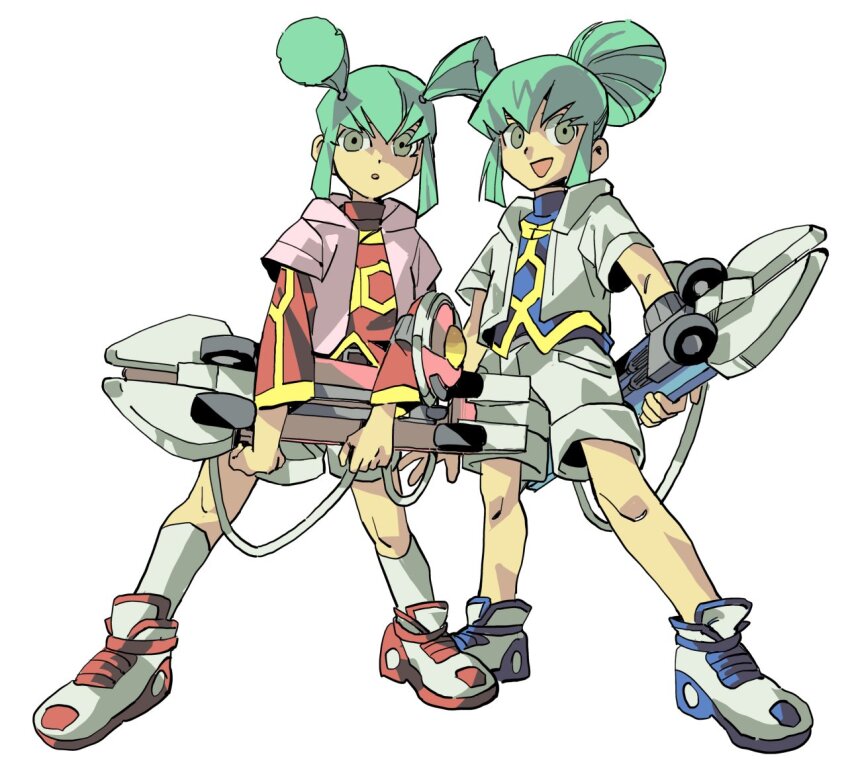 1boy 1girl blue_shirt brother_and_sister duel_disk full_body green_eyes green_hair jacket lua_(yu-gi-oh!) luca_(yu-gi-oh!) pink_jacket pink_shorts shirt shorts siblings simple_background skateboard twins white_background white_jacket white_shorts yu-gi-oh! yu-gi-oh!_5d&#039;s yumakun01