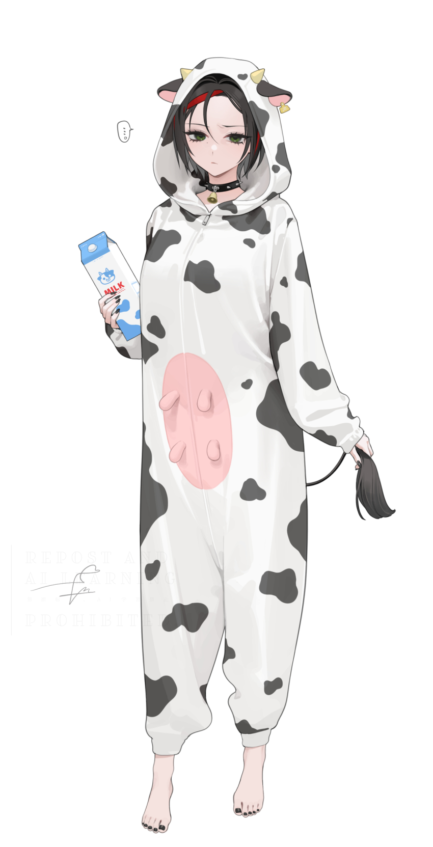 1girl absurdres animal_costume barefoot bell bird black_choker black_hair choker commentary_request cow_costume cowbell crow crow_(nikke) feet full_body goddess_of_victory:_nikke highres holding holding_milk_carton milk_carton neck_bell ohisashiburi piercing short_hair simple_background solo white_background
