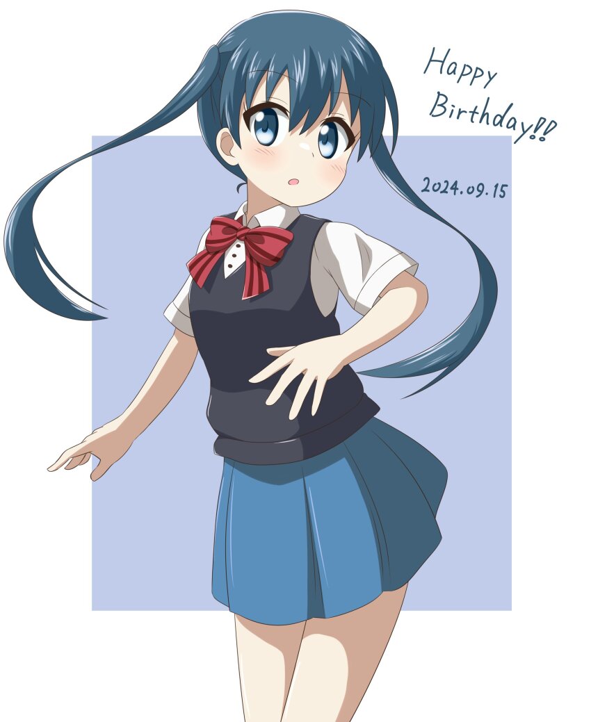 ! !! 1girl 2024 absurdres birthday blue_eyes blue_hair blush dated dot_nose feet_out_of_frame female_focus happy_birthday highres kin-iro_mosaic komichi_aya legs long_hair nanog_eb1994 open_mouth school_uniform short_sleeves simple_background solo standing sweater_vest twintails
