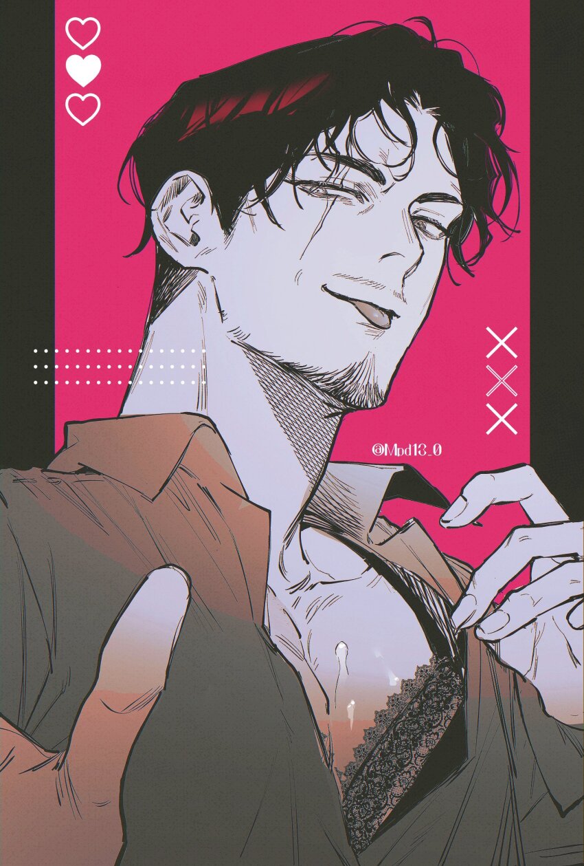 1boy amayado_rei beard_stubble bra collarbone collared_shirt crossdressing crossdressing_(mtf) curtained_hair facial_hair film_grain flashing hand_up heart heterochromia highres hypnosis_mic lace lace-trimmed_bra lace_trim looking_at_viewer male_focus mature_eyes mature_male mpd13_0 mustache_stubble naughty_face outside_border parted_bangs partially_unbuttoned pectoral_cleavage pectorals pillarboxed pink_background portrait scar scar_across_eye scar_on_face shirt short_hair smirk solo stubble suggestive_fluid tongue tongue_out twitter_username underwear wavy_hair wrinkled_skin x