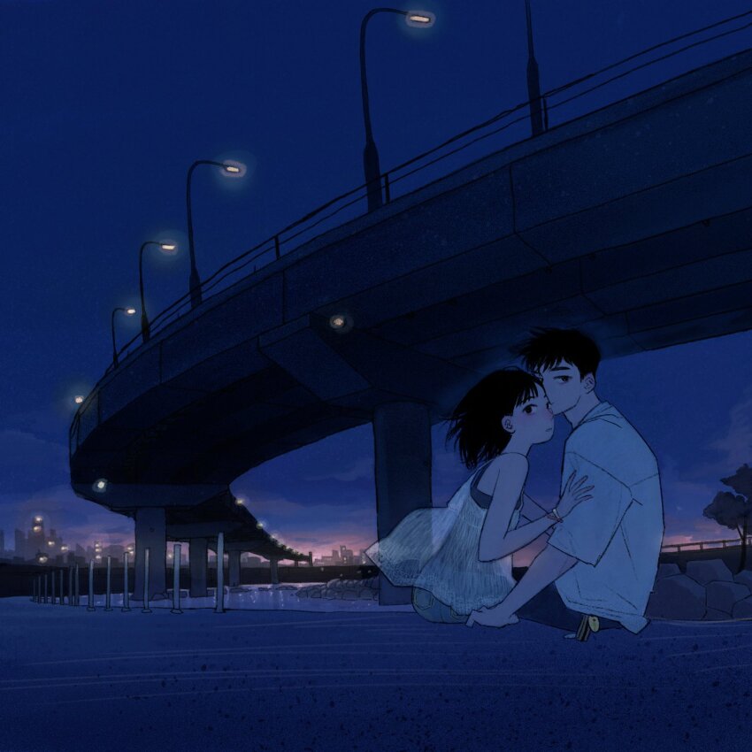 1boy 1girl black_hair blush city cityscape commentary_request couple dark highres highway lamppost night night_sky oddxegg0 original outdoors pants railing rock scenery shirt short_hair short_sleeves sitting sky sleeveless tree underpass water white_shirt wide_shot