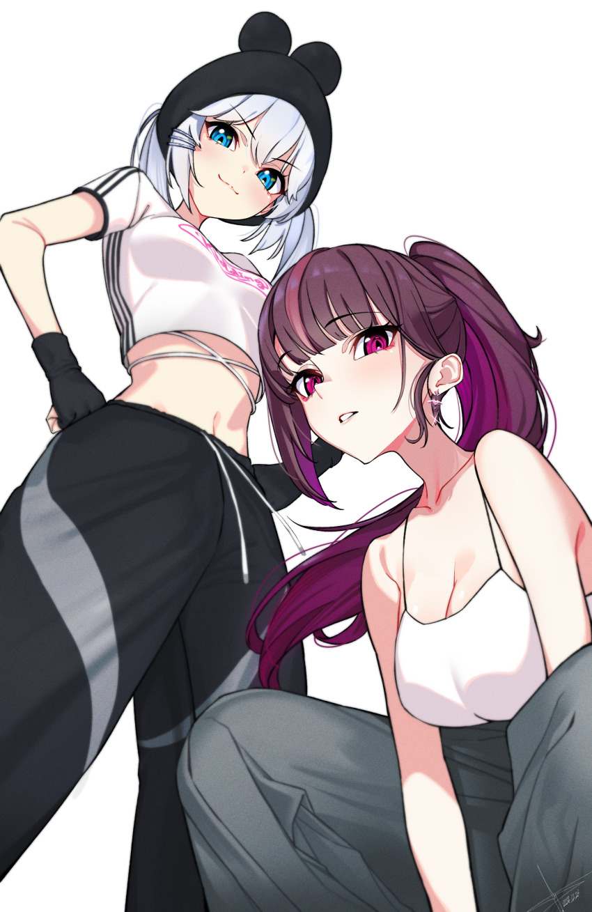 2girls :3 absurdres bare_shoulders black_gloves black_hat black_pants blue_eyes breasts camisole cleavage clothes_writing colored_inner_hair earrings eyeshadow fingerless_gloves from_below gloves gosegu grey_pants hair_ornament hairclip hands_on_own_hips hat heart heart_earrings highres jewelry jururu large_breasts long_hair looking_at_viewer makeup medium_breasts midriff multicolored_hair multiple_girls navel pants parted_lips purple_eyes purple_hair red_eyeshadow shirt short_sleeves signature simple_background single_earring smug squatting standing streaked_hair teupeu twintails very_long_hair virtual_youtuber waktaverse white_background white_camisole white_hair white_shirt workout_clothes