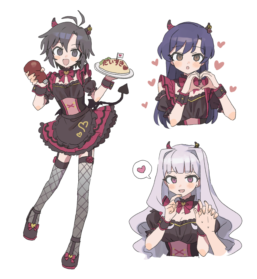 3girls :d antenna_hair apron black_apron black_dress black_eyes black_hair black_shoes blue_eyes blunt_bangs blush blush_stickers bow bowtie breasts cleavage curtained_hair demon_girl demon_horns demon_tail demon_wings detached_sleeves dress eyelashes fishnet_thighhighs fishnets flat_chest food food_art forehead frilled_apron frilled_dress frills full_body garter_straps grey_hair hand_grab heart heart_hands highres horns idolmaster idolmaster_(classic) idolmaster_million_live! idolmaster_million_live!_theater_days interlocked_fingers ketchup_bottle kikuchi_makoto kisaragi_chihaya large_breasts long_hair looking_at_viewer low_wings mite_mite_look_(idolmaster) multiple_girls official_alternate_costume omelet omurice open_mouth parted_bangs pink_bow pink_bowtie pink_dress pnt_0202 puffy_short_sleeves puffy_sleeves serving shijou_takane shoes short_hair short_sleeves sidelocks simple_background small_breasts smile spoken_heart standing straight_hair tail thighhighs upper_body waitress wavy_hair white_background wings wrist_cuffs