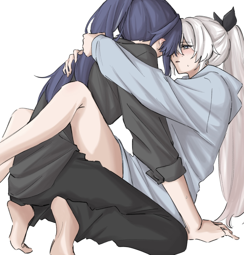 2girls barefoot between_legs black_panties black_shirt blue_hoodie blush commentary ear_blush grey_eyes highres honkai_(series) honkai_impact_3rd hood hoodie kiana_kaslana leg_lock long_hair long_sleeves multiple_girls panties parted_lips ponytail purple_hair raiden_mei shirt simple_background sleeves_rolled_up sweat sweatdrop syonosuke9573 underwear white_background white_hair yuri