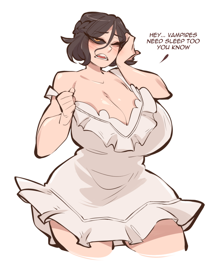 1girl black_hair black_sclera braid breasts cleavage colored_sclera dress english_text highres huge_breasts one_eye_closed open_mouth orange_eyes saucymojo serana short_dress short_hair simple_background sleeveless sleeveless_dress solo teeth the_elder_scrolls white_background white_dress