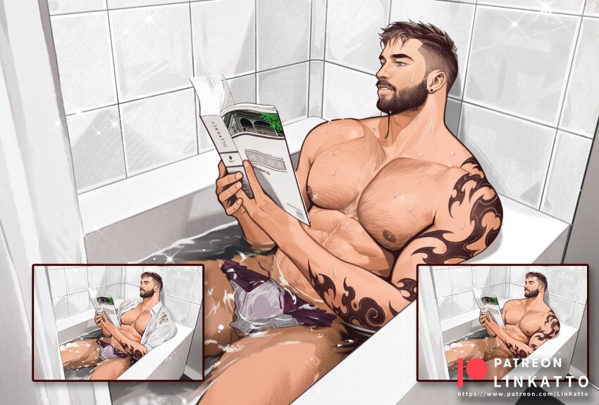 1boy abs arm_tattoo bara bathing bathroom bathtub beard black_hair book chest_hair clothed_bath completely_nude convenient_censoring earrings facial_hair feet_out_of_frame glint grey_male_swimwear highres holding holding_book inset jewelry katto8452 large_pectorals male_focus male_swimwear muscular muscular_male mustache navel_hair nipples nude open_clothes open_shirt original paid_reward_available parted_lips patreon_logo patreon_username pectorals penis reading shirt short_hair signature sitting stud_earrings tattoo testicles tiles uncensored undercut variations wet wet_clothes wet_shirt white_shirt