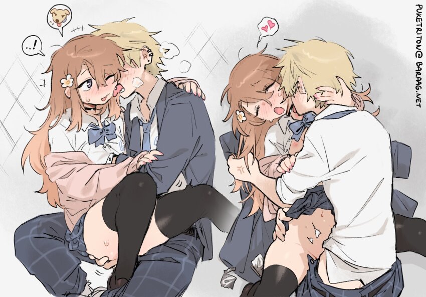 1boy 1girl black_thighhighs blonde_hair brown_hair condom condom_wrapper degrees_of_lewdity groping hetero highres licking player_character_(degrees_of_lewdity) school_uniform sex sitting sitting_on_lap sitting_on_person thighhighs tnso whitney_(degrees_of_lewdity) whitney_(male)_(degrees_of_lewdity)