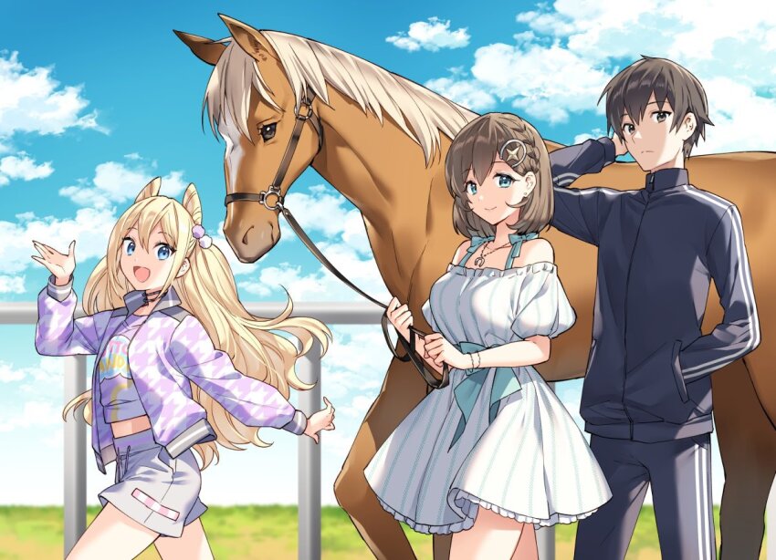 1boy 2girls :d aqua_eyes black_jacket black_pants blonde_hair blue_sky bob_cut booby_jockey!! brown_eyes brown_hair cloud cone_hair_bun cropped_shirt dress hair_bun hair_ornament hand_in_pocket hand_on_own_head hand_up holding holding_reins horse jacket kazahaya_souta kiara_courtois long_hair midriff mimasaka_seirai multiple_girls nardack novel_illustration off-shoulder_dress off_shoulder official_art open_clothes open_jacket open_mouth pants reins second-party_source seiraisshiki shorts sky smile standing star_(symbol) star_hair_ornament walking