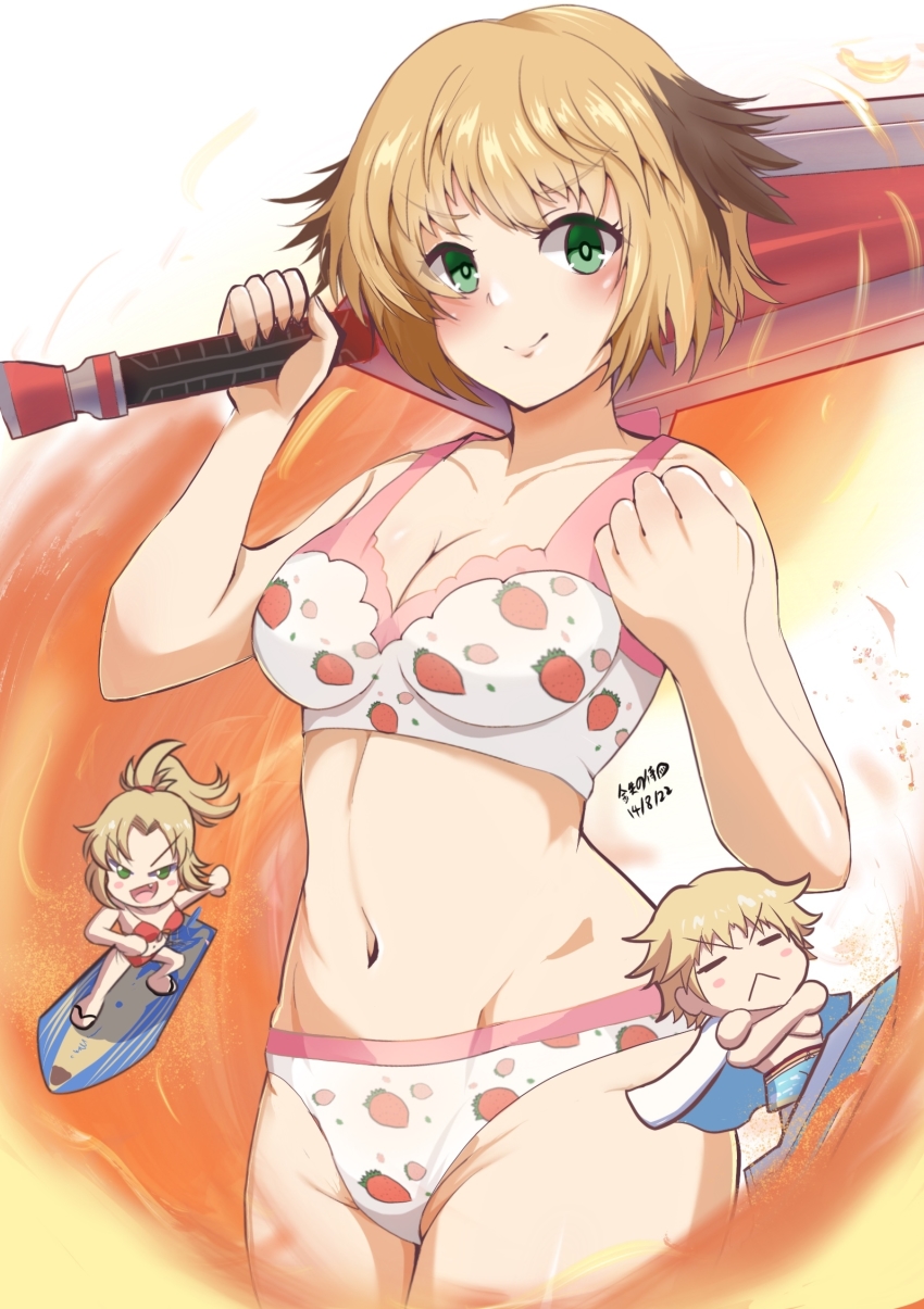 1boy 2girls artist_name bikini blonde_hair blush breasts brother_and_sister cleavage_cutout clothing_cutout colored_eyelashes dated fate/grand_order fate_(series) fire food_print fruit_print gareth_(fate) gareth_(swimsuit_saber)_(fate) gareth_(swimsuit_saber)_(second_ascension)_(fate) gawain_(fate) gawain_(scion_of_summer)_(fate) groin high_ponytail highres medium_breasts mordred_(fate) mordred_(swimsuit_rider)_(fate) mordred_(swimsuit_rider)_(first_ascension)_(fate) multiple_girls ponytail prydwen_(fate) red_bikini red_scrunchie scrunchie short_ponytail siblings side-tie_bikini_bottom sisters smile strawberry_print surfboard surfing swimsuit tetsu_no_samurai weapon_request white_bikini