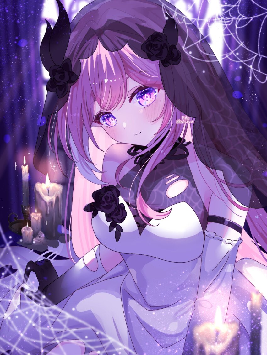 1girl bare_shoulders black_veil breasts candle commentary cyrene_(honkai:_star_rail) cyrene_(ripples_of_past_reverie)_(honkai:_star_rail) diamond-shaped_pupils diamond_(shape) dress elbow_gloves english_commentary gloves highres hitsuki_(ruon) honkai:_star_rail honkai_(series) large_breasts long_hair looking_at_viewer multicolored_hair pink_hair pointy_ears purple_eyes revision smile solo symbol-shaped_pupils two-tone_hair veil very_long_hair white_dress white_hair