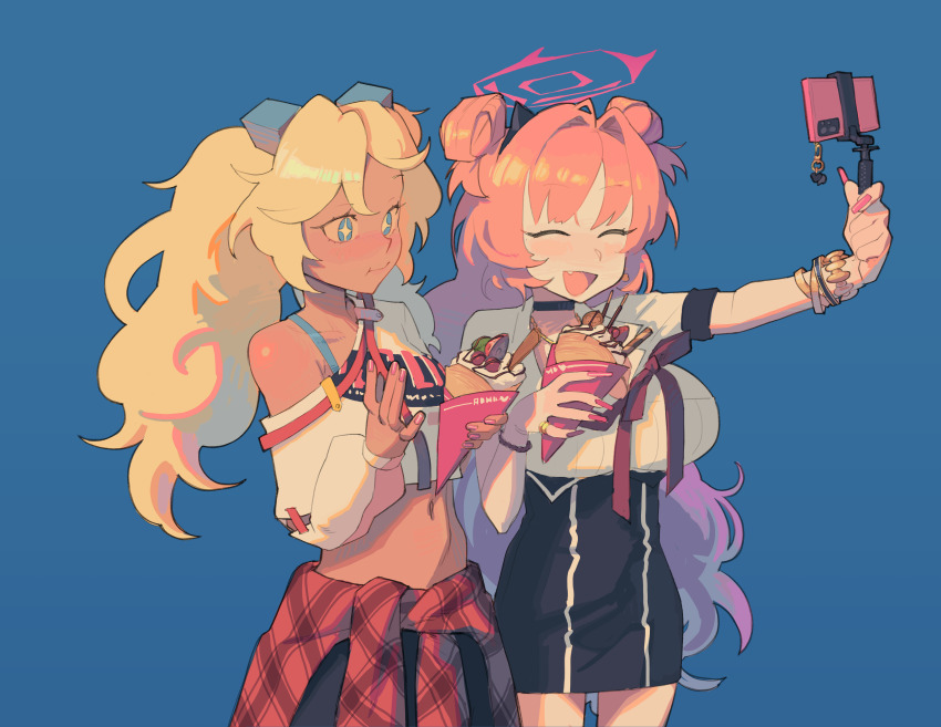 +_+ 2girls :t absurdres bangle black_skirt blonde_hair blue_archive blue_background blush bracelet breasts closed_eyes closed_mouth clothes_around_waist commentary commission cowboy_shot crepe crop_top crossover dark-skinned_female dark_skin double_bun english_commentary fingernails food fujimoto_kirara gyaru hair_bun hair_intakes halo highres jacket jacket_around_waist jewelry kirara_(blue_archive) large_breasts long_hair mahjong_soul midriff multiple_girls name_connection navel open_mouth pencil_skirt piku184 pink_hair pink_halo pink_nails plaid_clothes plaid_jacket pocky red_jacket selfie selfie_stick shirt simple_background skirt smile very_long_hair white_shirt
