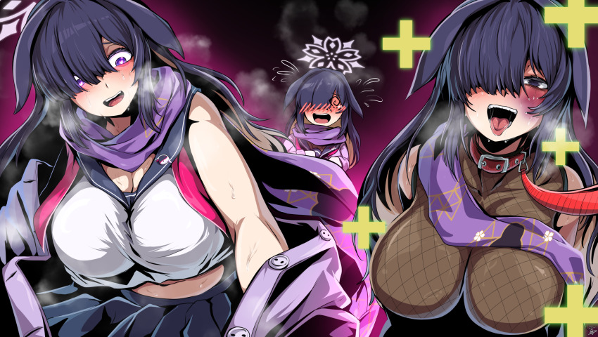 3girls animal_collar animal_ears blonde_hair blue_archive breasts cardigan collar colored_inner_hair fishnet_top fishnets hair_over_one_eye halo highres large_breasts leash long_hair lop_rabbit_ears multicolored_hair multiple_girls multiple_persona open_mouth pink_halo purple_cardigan purple_eyes purple_hair purple_scarf rabbit_ears rabbit_girl raccoon_ears ryuki_(red_dolphinman) scarf tsukuyo_(blue_archive) very_long_hair
