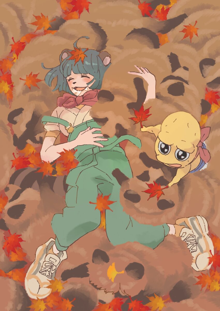 1boy 1girl :3 animal_ears animal_nose autumn_leaves bald bandana bandana_around_neck black_eyes blush closed_eyes colored_skin drooling full_body green_overalls grey_hair hand_on_own_stomach highres holding holding_leaf layered_shirt leaf leaf_on_head lying lying_on_animal maple_leaf mode_aim on_back open_mouth orange_shirt overalls peanuts-kun ponpoko_(vtuber) qp_(qp_anipokopi) raccoon_ears raccoon_girl red_bandana shirt shoes sleeping smile sneakers strap_slip tanuki too_many topless_male virtual_youtuber white_footwear white_shirt yellow_skin