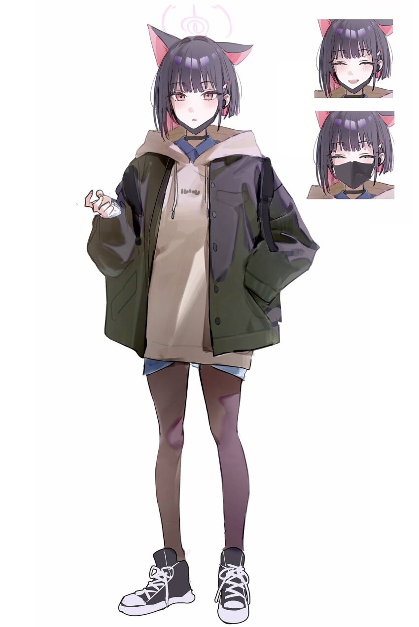 1girl animal_ears black_hair black_jacket black_mask black_pantyhose black_shoes blue_archive blue_shirt blush brown_hoodie cat_ears cat_girl closed_eyes collared_shirt colored_inner_animal_ears colored_inner_hair earbuds earphones extra_ears flatshi halo hand_in_pocket highres hood hoodie jacket kazusa_(blue_archive) looking_at_viewer mask mouth_mask multicolored_hair no_pants open_clothes open_jacket open_mouth pantyhose pink_hair purple_halo red_eyes shirt shirt_under_hoodie shoes short_hair sneakers solo two-tone_hair