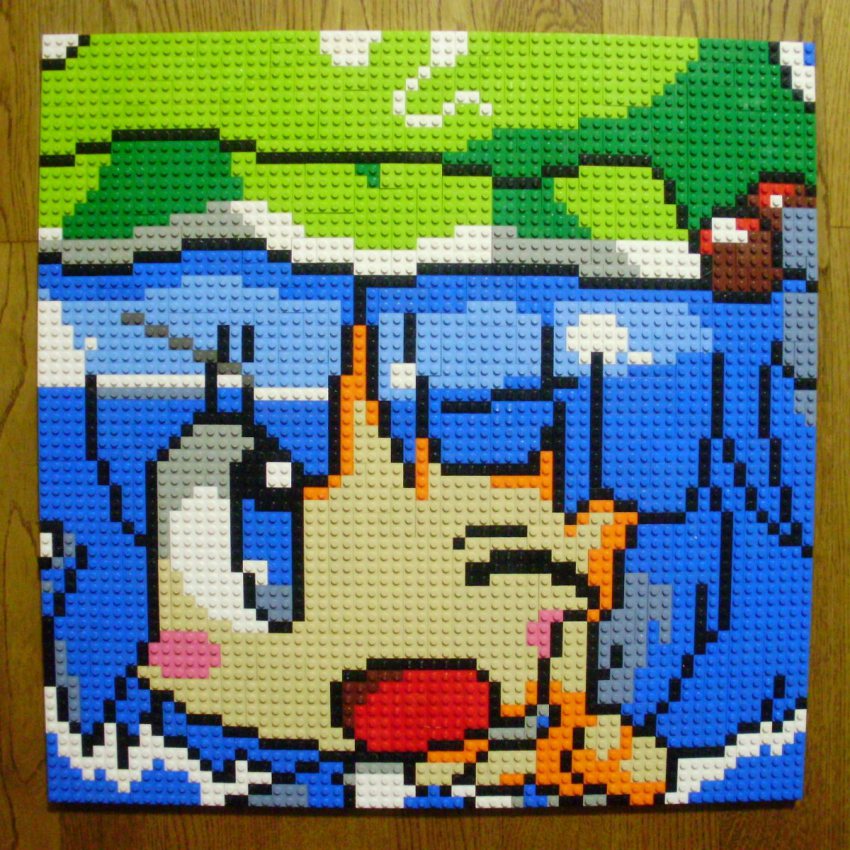 1girl blue_eyes blue_hair blush_stickers derivative_work female_focus hair_bobbles hair_ornament hat highres kawashiro_nitori lego lego_(medium) matching_hair/eyes one_eye_closed photo_(medium) pixel_art solo touhou two_side_up unconventional_media wink you_rei_(blowback)