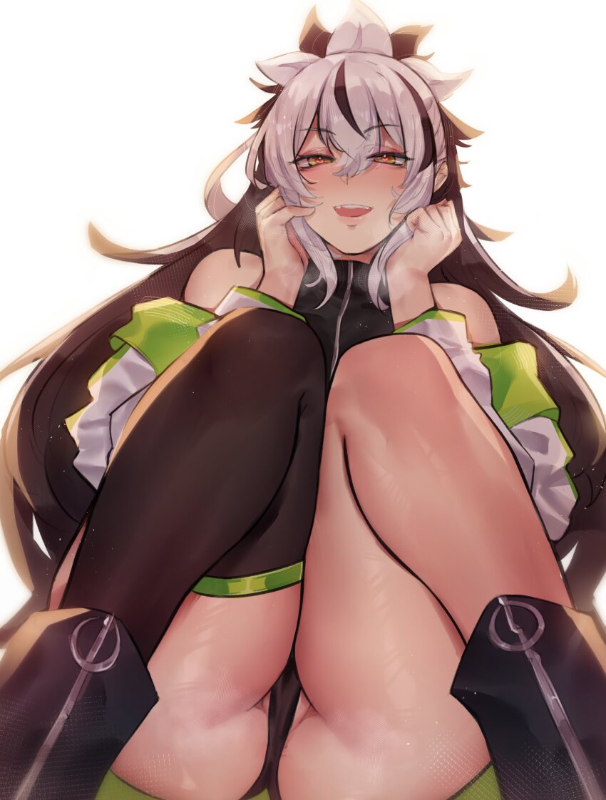 1girl absurdres ass bare_shoulders black_hair black_shirt black_thighhighs crop_top cropped_shirt crotch_focus deccatezu fate/grand_order fate_(series) green_eyes green_jacket hair_between_eyes highres jacket long_hair long_sleeves looking_at_viewer multicolored_hair multicolored_jacket nagao_kagetora_(fate) open_clothes open_jacket open_mouth partially_visible_vulva pelvic_curtain shirt sidelocks single_thighhigh sleeveless sleeveless_shirt smile solo thighhighs thighs two-tone_hair two-tone_jacket uesugi_kenshin_(fate) uesugi_kenshin_(second_ascension)_(fate) underwear very_long_hair white_hair white_jacket