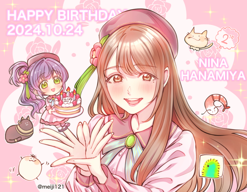 2girls :d animification beret birthday_cake blush brown_eyes brown_hair brown_hat cake candle cat character_name chibi chibi_inset child&#039;s_drawing dream_believers flower flower_hands food fruit green_eyes hair_bun hair_flower hair_ornament hanamiya_nina hanamiya_nina_(style) happy_birthday hat highres holding holding_cake holding_food link!_like!_love_live! long_hair looking_at_viewer love_live! meiji_(mosamoo3) mole mole_under_eye multiple_girls official_alternate_costume open_mouth otomune_kozue pink_background purple_hair real_life red_flower shrimp side_ponytail sidelocks single_side_bun smile strawberry tassel tassel_hair_ornament upper_body virtual_youtuber voice_actor voice_actor_connection