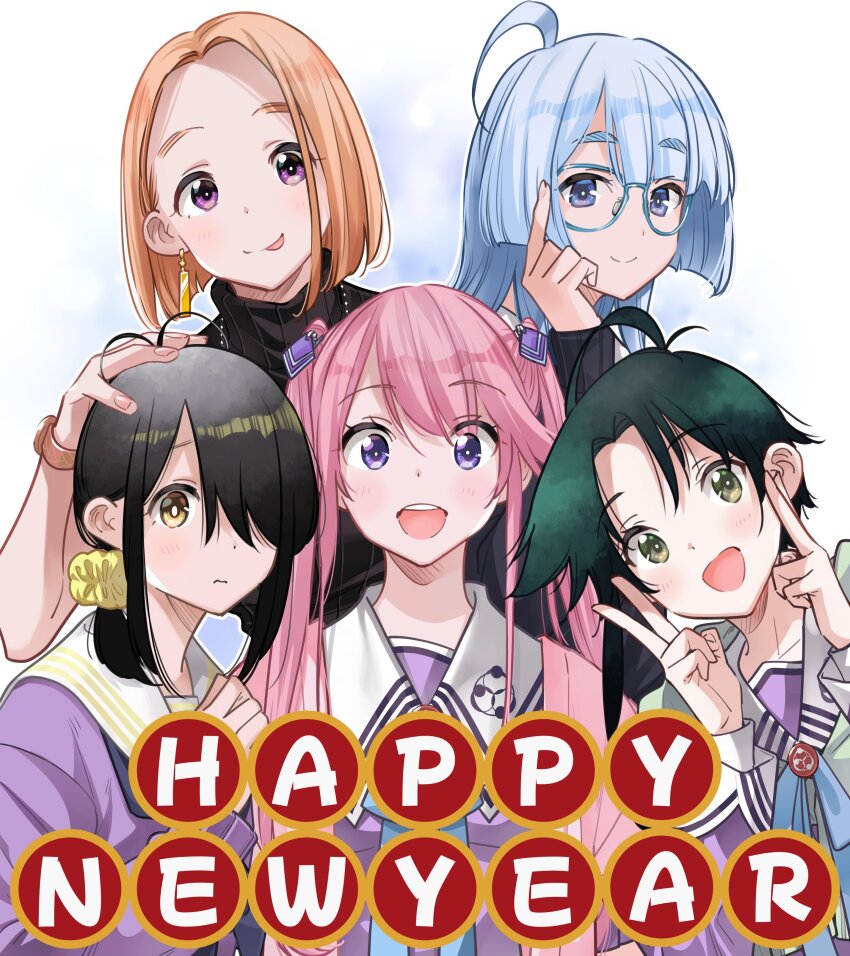 5girls :d :p absurdres adjusting_eyewear ahoge antenna_hair black_hair black_sweater blue-framed_eyewear blue_eyes blue_hair blunt_bangs closed_mouth collarbone commentary_request double_v earrings glasses green_eyes green_hair hair_ornament hair_over_one_eye hair_scrunchie hand_on_another&#039;s_head hands_up happy_new_year highres jewelry light_blush long_hair looking_at_viewer medium_hair multiple_girls new_year official_art open_mouth orange_hair pink_hair purple_eyes school_uniform scrunchie shiunji-ke_no_kodomotachi shiunji_banri shiunji_kotono shiunji_minami shiunji_ouka shiunji_seiha short_hair siblings sidelocks simple_background single_sidelock sisters sleeveless sleeveless_sweater smile sweater swept_bangs teeth tongue tongue_out turtleneck turtleneck_sweater twintails upper_teeth_only v watch white_background wristwatch yellow_eyes yellow_scrunchie