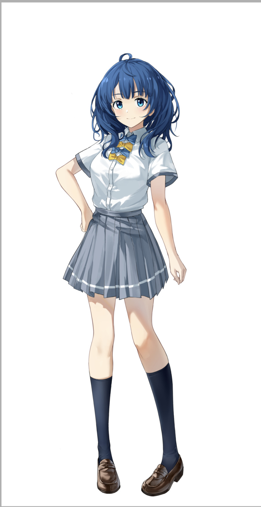 1girl black_socks blue_bow blue_bowtie blue_eyes blue_hair bow bowtie breasts brown_shoes closed_mouth commentary_request full_body geez grey_skirt hand_on_own_hip highres kneehighs loafers long_hair looking_at_viewer make_heroine_ga_oo_sugiru! medium_breasts pleated_skirt school_uniform shirt shoes short_sleeves simple_background skirt smile socks solo tsuwabuki_high_school_uniform white_background white_shirt yanami_anna yellow_bow yellow_bowtie