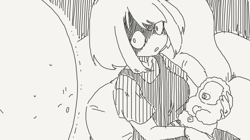 1boy 1girl :o ^_^ averting_eyes baby baby_carry bald bob_cut carrying closed_eyes comic commentary_request dress glaring highres horideiyasumi husband_and_wife implied_cheating_(relationship) looking_at_another nervous_smile nervous_sweating original pacifier pinafore_dress segmented_comic shaded_face shirt short_hair short_sleeves sitting sleeveless sleeveless_dress smile spoilers striped_clothes striped_shirt sweat trembling vertical-striped_clothes vertical-striped_shirt