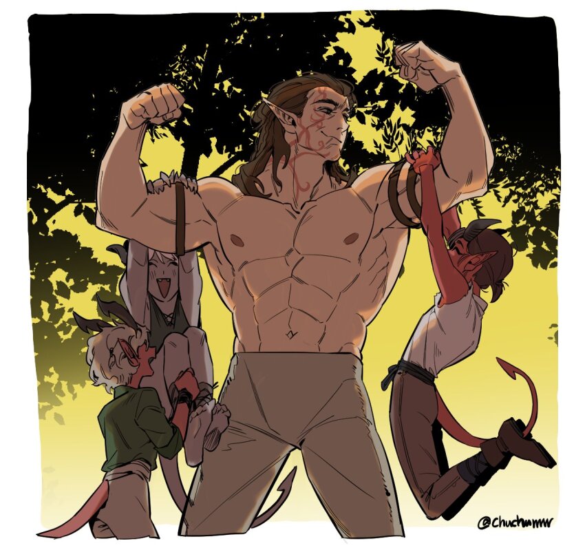 1girl 3boys abs baldur&#039;s_gate baldur&#039;s_gate_3 bara brown_hair carrying carrying_multiple_people carrying_person child chuchurrrrr colored_skin cowboy_shot demon_boy dungeons_&amp;_dragons dungeons_&amp;_dragons elf halsin happy large_pectorals male_focus mature_male medium_hair multiple_boys muscular muscular_male navel nipples pants pectorals pointy_ears red_skin standing stomach thick_eyebrows