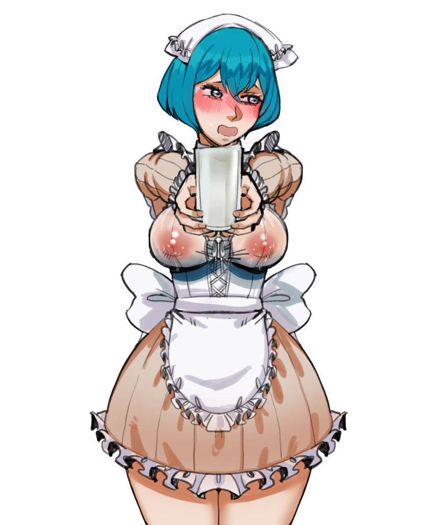 1girl apron black_clover blush breasts covered_erect_nipples embarrassed female female_focus grey_(black_clover) highres implied_lactation looking_at_viewer maid maid_apron maid_headdress milk nipples scharlottelambo see-through_clothes shy sweat