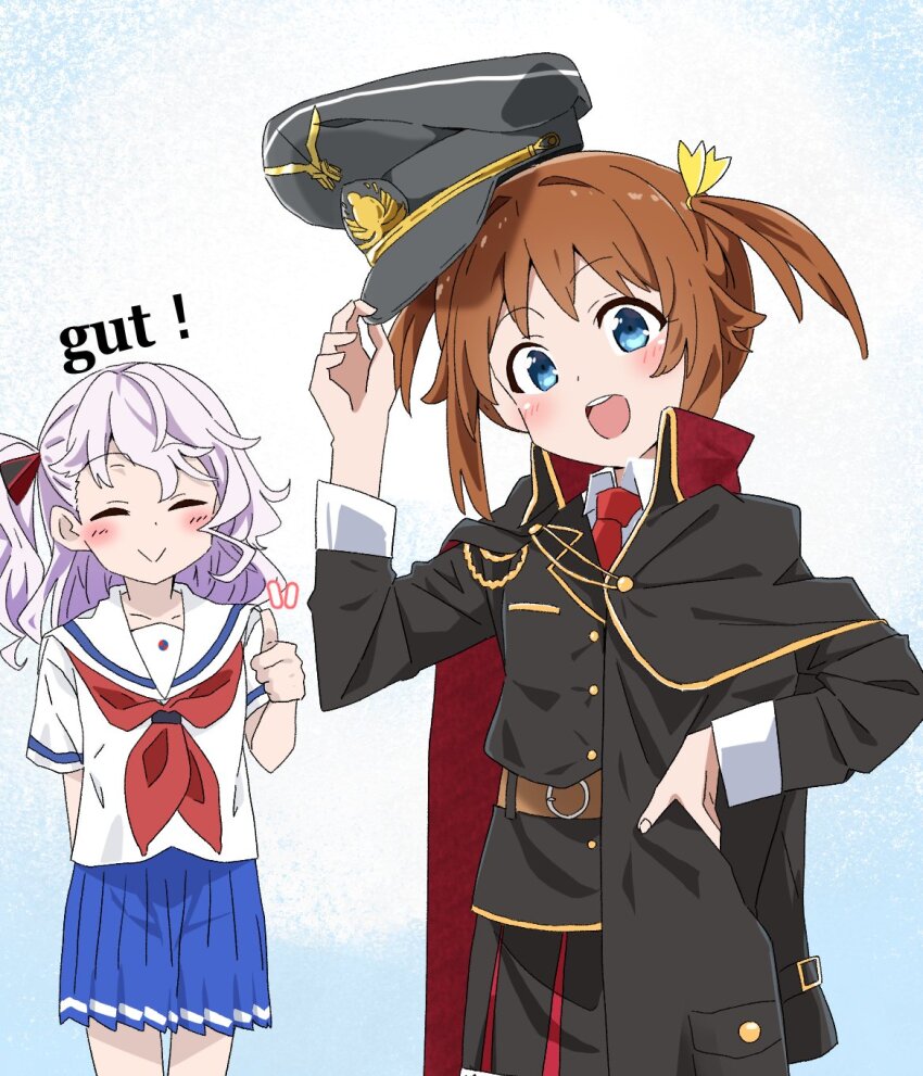 2girls blue_eyes brown_hair closed_eyes cosplay costume_switch hair_ribbon hand_on_own_hip hat high_school_fleet highres long_hair long_sleeves looking_at_viewer misaki_akeno multiple_girls neckerchief necktie open_mouth peaked_cap pleated_skirt ribbon sailor_collar school_uniform serafuku shachiku-man short_sleeves skirt smile thea_kreutzer thumbs_up white_hair yokosuka_girls_marine_high_school_uniform
