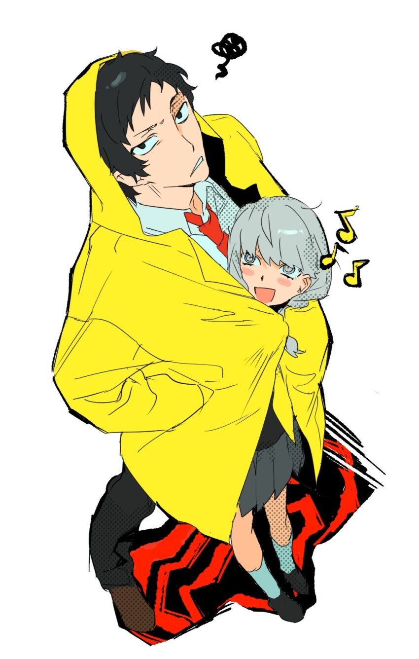 2boys adachi_tooru braid crossdressing grey_skirt highres looking_at_another looking_at_viewer male_focus miniskirt multiple_boys narukami_yu persona persona_4 raincoat school_uniform skirt trap twin_braids white-trick yasogami_school_uniform yellow_raincoat