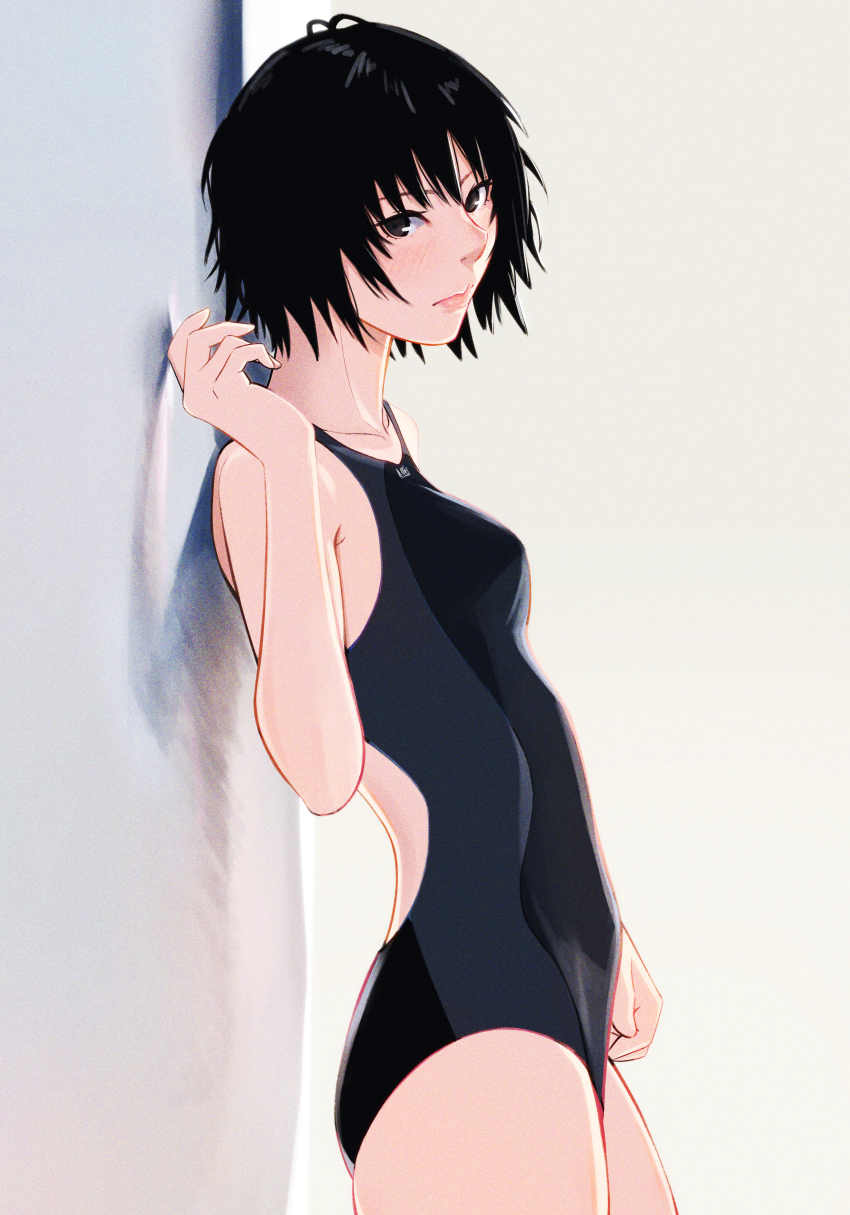 1girl absurdres against_wall amagami arm_at_side bare_shoulders black_eyes black_hair black_one-piece_swimsuit blue_one-piece_swimsuit blush breasts closed_mouth collarbone commentary competition_school_swimsuit competition_swimsuit cowboy_shot curled_fingers expressionless film_grain from_side grey_background hair_between_eyes hand_up highres lips looking_at_viewer looking_to_the_side loose_hair_strand nanasaki_ai nose one-piece_swimsuit oshizu pink_lips reflection school_swimsuit short_hair small_breasts solo standing swimsuit two-tone_one-piece_swimsuit