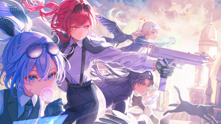 1boy 3girls absurdres aviator_sunglasses black_bow black_cat black_gloves black_hair black_hairband black_necktie black_pants black_vest blade_(honkai:_star_rail) blade_(jepella_rebellion)_(honkai:_star_rail) blowing_bubbles bow breasts cat chewing_gum closed_mouth collared_shirt elio_(honkai:_star_rail) eyewear_on_head firefly_(honkai:_star_rail) firefly_(jepella_rebellion)_(honkai:_star_rail) glasses gloves grey_eyes grey_hair gun hair_between_eyes hair_bow hair_intakes hair_over_one_eye hairband highres holding holding_gun holding_sword holding_weapon honkai:_star_rail honkai_(series) jacket jacket_on_shoulders kafka_(honkai:_star_rail) kafka_(jepella_rebellion)_(honkai:_star_rail) large_breasts long_hair looking_ahead looking_at_viewer mac-10/11 multiple_girls nakauma necktie official_alternate_costume outdoors pants parted_bangs pince-nez ponytail purple_eyes purple_hair red_eyes round_eyewear shirt sidelocks silver_wolf_(honkai:_star_rail) silver_wolf_(jepella_rebellion)_(honkai:_star_rail) smile submachine_gun sunglasses sword very_long_hair vest weapon white_hair white_shirt