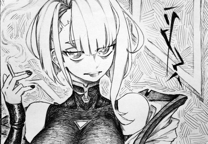 1girl bare_shoulders between_fingers black_leotard bodysuit breasts chronozbergh cigarette commentary cyberpunk_(series) cyberpunk_edgerunners english_commentary greyscale highres holding holding_cigarette jacket large_breasts leotard looking_at_viewer lucy_(cyberpunk) monochrome off_shoulder open_clothes open_jacket parted_bangs parted_lips short_hair single_sidelock smoke smoke_trail solo