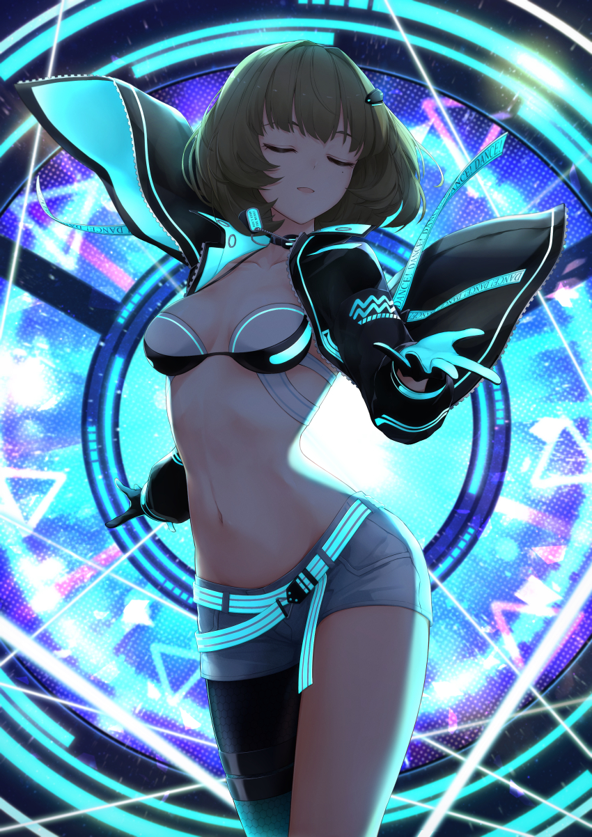 1girl absurdres aqua_belt aqua_gloves aqua_jacket aquarius_(symbol) asymmetrical_legwear bikini bikini_top_only bikini_under_clothes black_choker breasts choker cleavage collarbone dance_on_the_galaxy_(idolmaster) dog_tags gloves glowing_clothes gradient_legwear green_hair highres idolmaster idolmaster_cinderella_girls idolmaster_starlit_season jacket medium_breasts mole mole_under_eye multicolored_jacket nakata_(nkt_vvd) navel no_shirt open_clothes open_jacket short_hair short_shorts shorts single_bare_leg single_leg_pantyhose solo swimsuit takagaki_kaede thighs two-tone_bra two-tone_gloves two-tone_jacket white_shorts