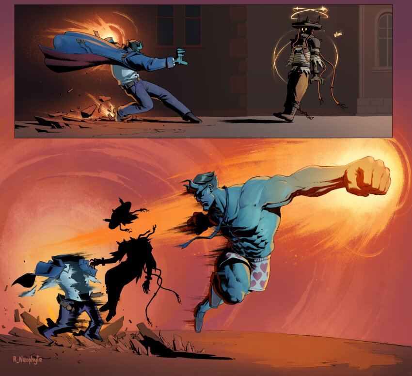 2boys abrams_(deadlock) belt blue_hair blue_jacket blue_shirt blue_skin boots brown_pants chain colored_skin commentary cuffs deadlock decapitation denim english_commentary gameplay_mechanics glasses guilty_gear headpiece heart heart_print highres jacket jeans male_underwear multiple_boys muscular muscular_male pants pile_bunker prison_clothes prisoner punching ripping roving_neophyte seven_(deadlock) shackles shirt slayer_(guilty_gear) striped_clothes striped_shirt topless_male underwear