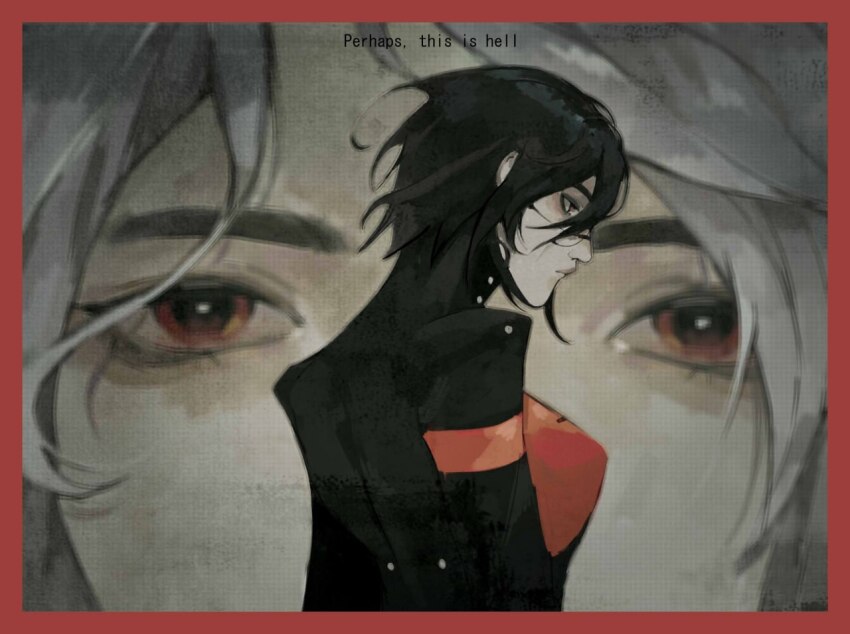 2girls android ariane_yeong black_hair border dev8ldem_art elster_(signalis) english_text expressionless from_side multiple_girls red_border red_eyes short_hair signalis upper_body white_hair