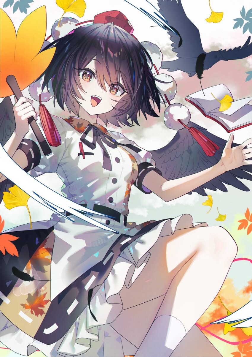 1girl :d absurdres autumn_leaves bird black_hair black_skirt black_wings book buttons collared_shirt crow feathered_wings ginkgo_leaf hair_between_eyes hand_fan hashtag-only_commentary hat hauchiwa here_(hr_rz_ggg) highres holding holding_fan leaf leaf_print looking_at_viewer maple_leaf neck_ribbon open_book open_mouth pocket pom_pom_(clothes) puffy_short_sleeves puffy_sleeves red_eyes red_ribbon ribbon ribbon-trimmed_skirt ribbon_trim shameimaru_aya shirt short_hair short_sleeves skirt smile socks solo tokin_hat touhou white_shirt white_socks wings