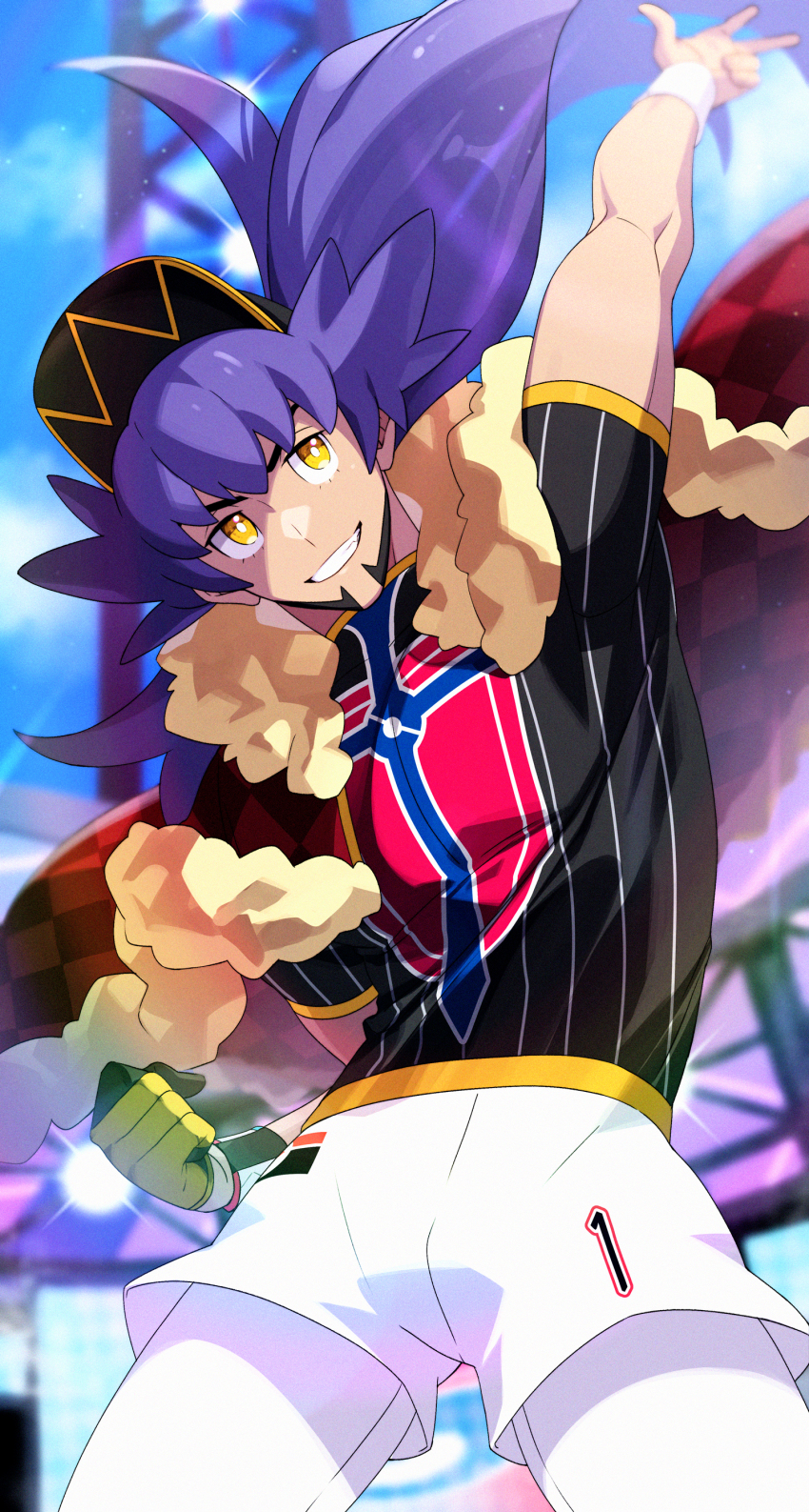 1boy absurdres argyle arm_up baseball_cap blurry blurry_background bright_pupils cape champion_uniform charizard_pose commentary_request dark-skinned_male dark_skin dynamax_band facial_hair fur-trimmed_cape fur_trim gloves grin hat highres leggings leon_(pokemon) long_hair male_focus nintendo onimoti pokemon pokemon_swsh purple_hair red_cape shield_print shirt short_sleeves shorts single_glove smile solo stadium sword_print teeth white_pupils white_shorts yellow_eyes